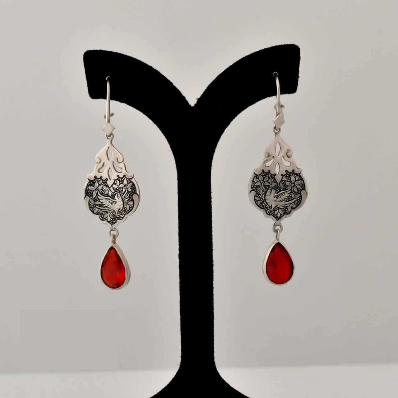 Persian Engraved Silver Earrings with Ruby Gemstone