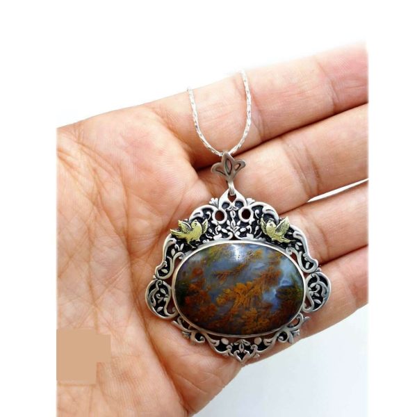 Persian Engraved Silver Pendant with Dendritic Agate Gemstone