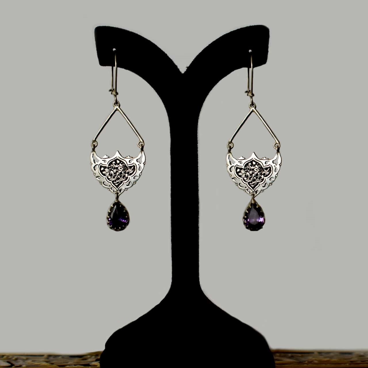 Persian Engraved Silver Earrings with Amethyst Gemstone
