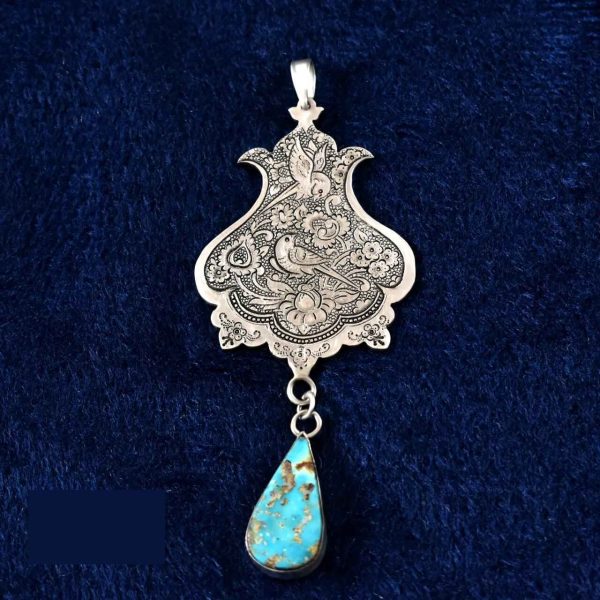 Engraved Turquoise Pendant In 925 Sterling Silver