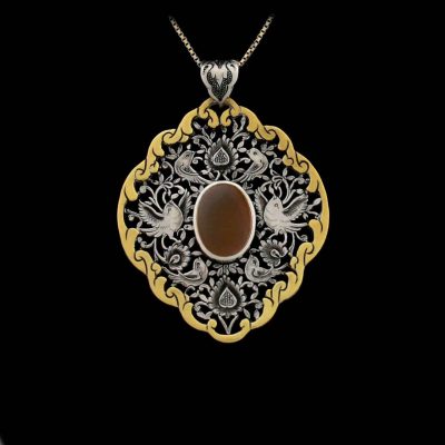 Persian Engraved Silver Pendant with Agate Gemstone