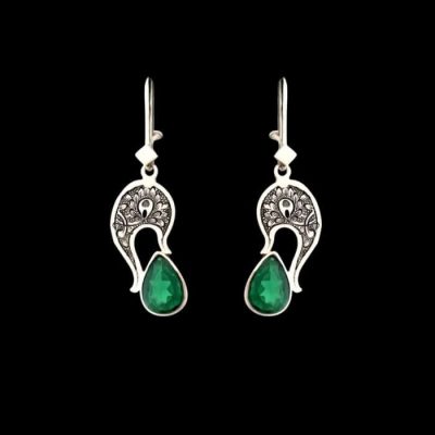Persian Engraved Silver Earrings with Synthetic Gemstone