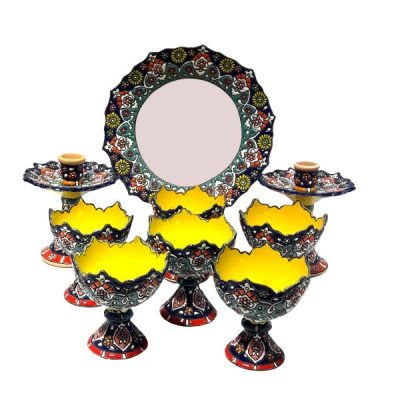 Elegant Pottery Haft-sin Minakari Set for Nowruz Persian New Year Yellow