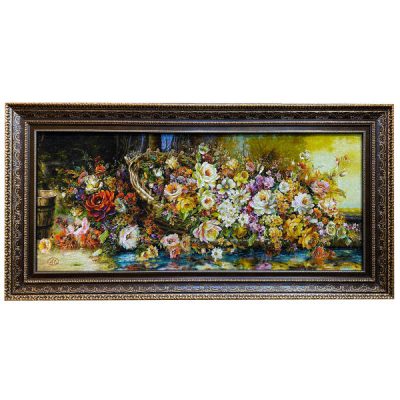 Hand-Knotted Persian Pictorial Rug from Tabriz Depicting Flowers