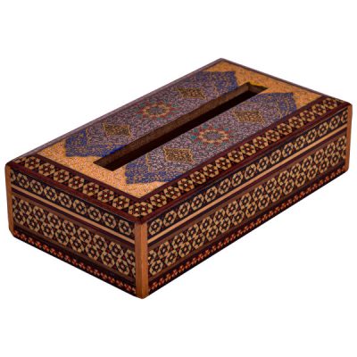 Handcrafted Persian Wooden Tissue Box Cover – Khatamkari Tazhib