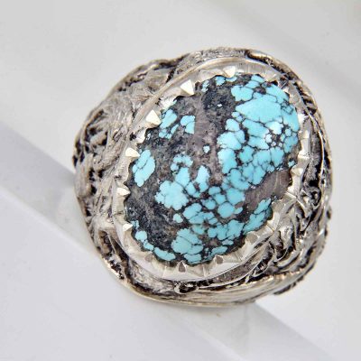 Persian Silver Ring with Neyshabur Turquoise Ashura