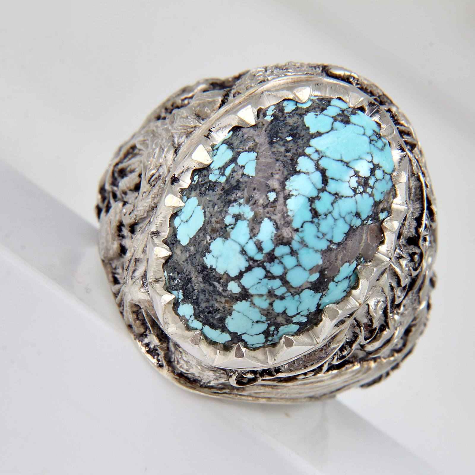 Persian Silver Ring with Neyshabur Turquoise Ashura