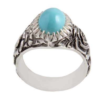 Persian Silver Ring for Men with Neyshabur Turquoise Flower