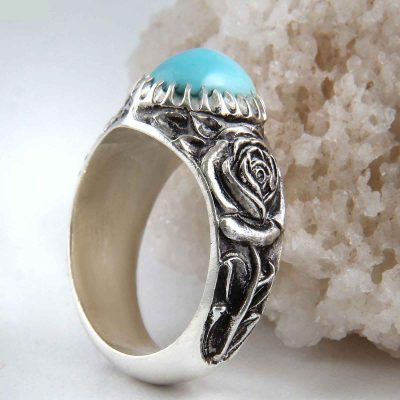 Persian Silver Ring for Men with Neyshabur Turquoise Flower