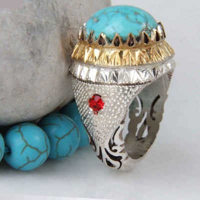 Persian Silver Ring for Men with Neyshabur Turquoise Golden