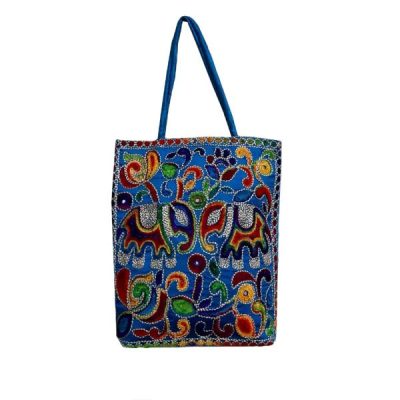 Ethnic Tote Bag with Baluchi Embroidered Model Blue