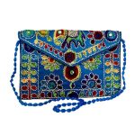 Embroidered Ethnic Velvet Clutch Handbag with Baluchi Design - Blue