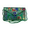 Embroidered Ethnic Velvet Clutch Handbag with Baluchi Design - Green