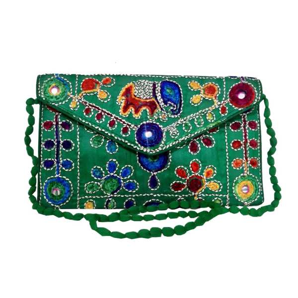 Embroidered Ethnic Velvet Clutch Handbag with Baluchi Design - Green