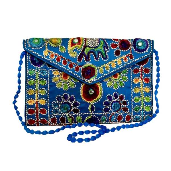 Embroidered Ethnic Velvet Clutch Handbag with Baluchi Design - Blue