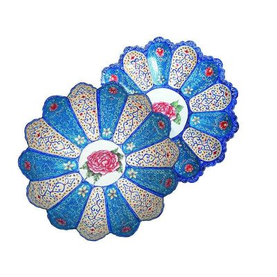 Decorative Copper Bowl & Plate Hand-Painted With Persian Minakari Enamel Blossom