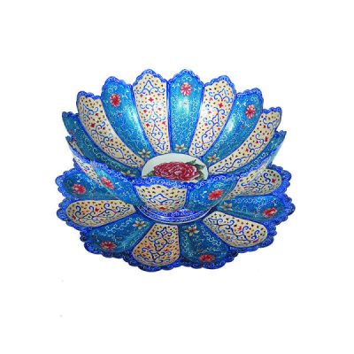 Decorative Copper Bowl & Plate Hand-Painted With Persian Minakari Enamel Blossom