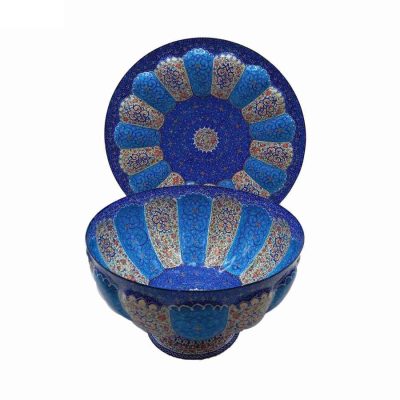 Decorative Copper Bowl & Plate Hand-Painted With Persian Minakari Enamel Eslimi