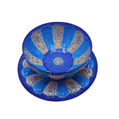 Decorative Copper Bowl & Plate Hand-Painted With Persian Minakari Enamel Eslimi