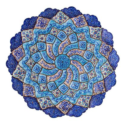 Decorative Copper Plate Hand-Painted with Persian Minakari Enamel Navy Blue