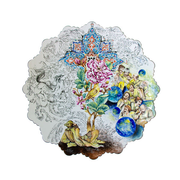 Decorative Copper Plate Hand-Painted with Persian Minakari Enamel Zaman & Flowers