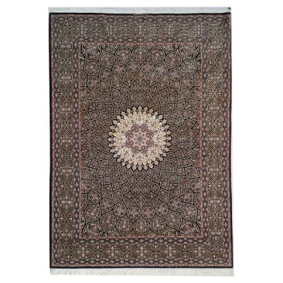 Isfahan Medallion Hand-Knotted Persian Silk Carpet Black Wool