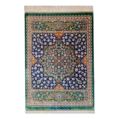 Qom Hand-Knotted Persian Silk Carpet Crowded Design