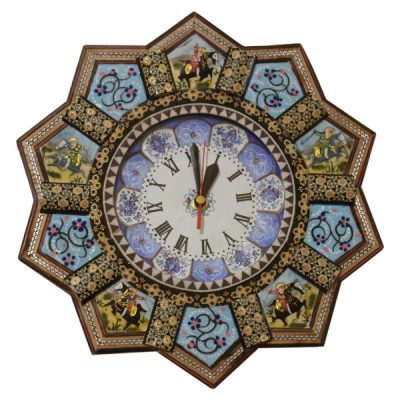 Handcrafted Persian Wooden Wall Clock – Khatam Marquetry Art, Behdad