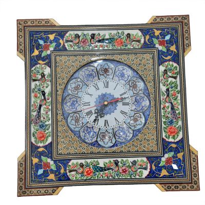 Handcrafted Persian Wooden Wall Clock – Khatam Marquetry Art, Birds II