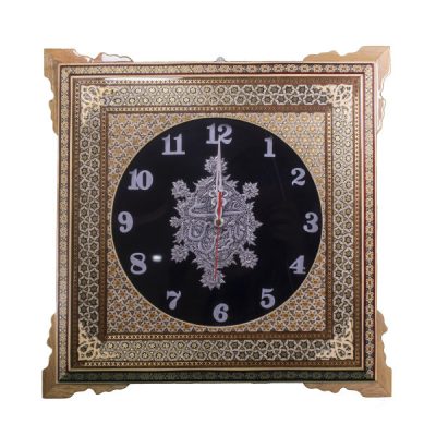 Handcrafted Persian Wooden Wall Clock – Khatam Marquetry Art, Black