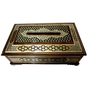 Handcrafted Persian Wooden Tissue Box Cover – Khatamkari Golden