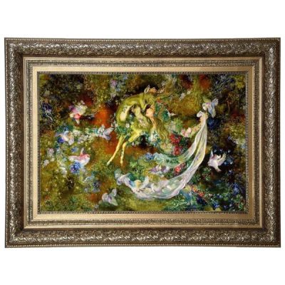 Hand-Knotted Persian Wall Hanging Rug from Tabriz Depicting Ahoo Miniature
