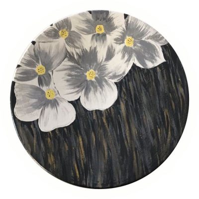 Decorative Pottery Plate Hand-Painted White Flowers & Dark Gray