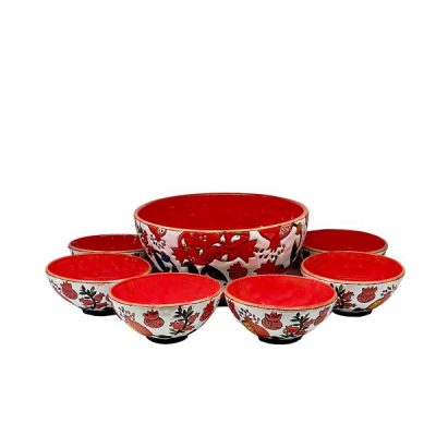Handcrafted Pottery Bowl with Pomegranate Design – For Yogurt, Desserts, Salad, & Noodles (Set of 7)