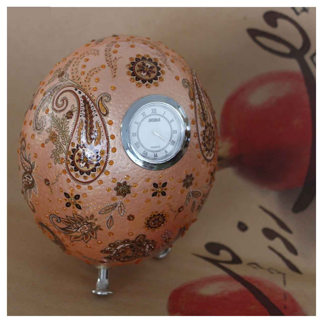 Persian Decorative Hand Painted Ostrich Egg Shell with Clock
