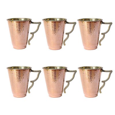 Persian Copper Cup – Set of 6 Handcrafted with Handle for Cold Drinks – Hammered Bahari