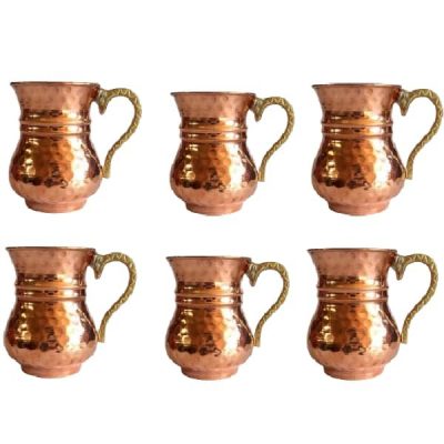 Persian Copper Cup – Set of 6 Handcrafted with Handle for Cold Drinks – Hammered
