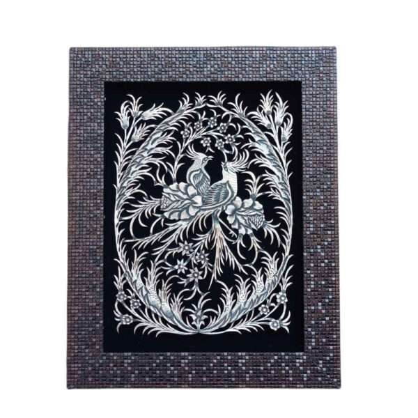 Handmade Framed Persian Engraved Copper Art Flower & Bird – Traditional Wall Decor