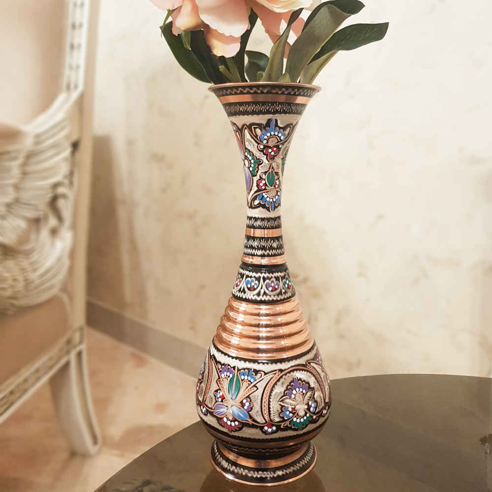 Decorative Copper Vase Hand-Painted with Persian Minakari Enamel Sama