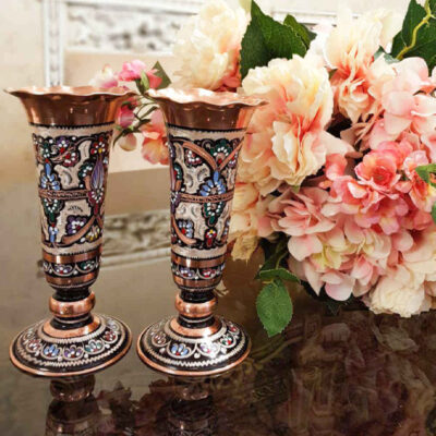 Decorative Copper Vase Hand-Painted with Persian Minakari Enamel Sheypoori