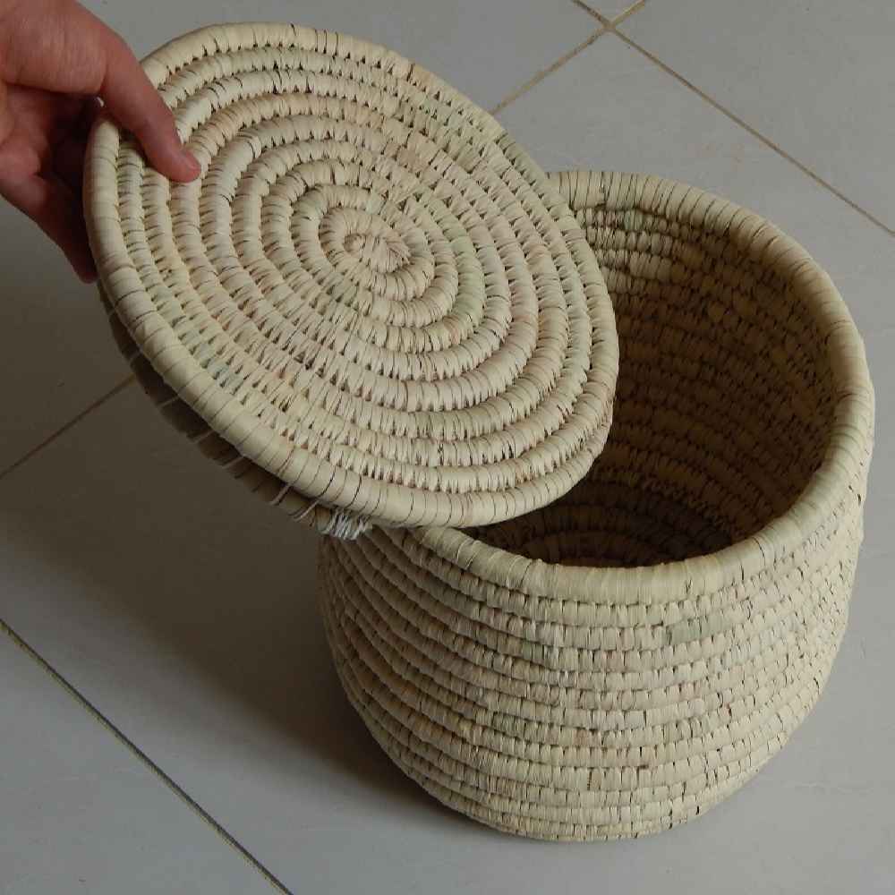 Persian Handwoven Palm Leaf Storage Basket with lid Model Soda