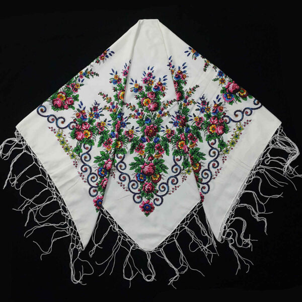 Torkaman Ethnic Scarf - Elegance and Tradition with Floral Design in White