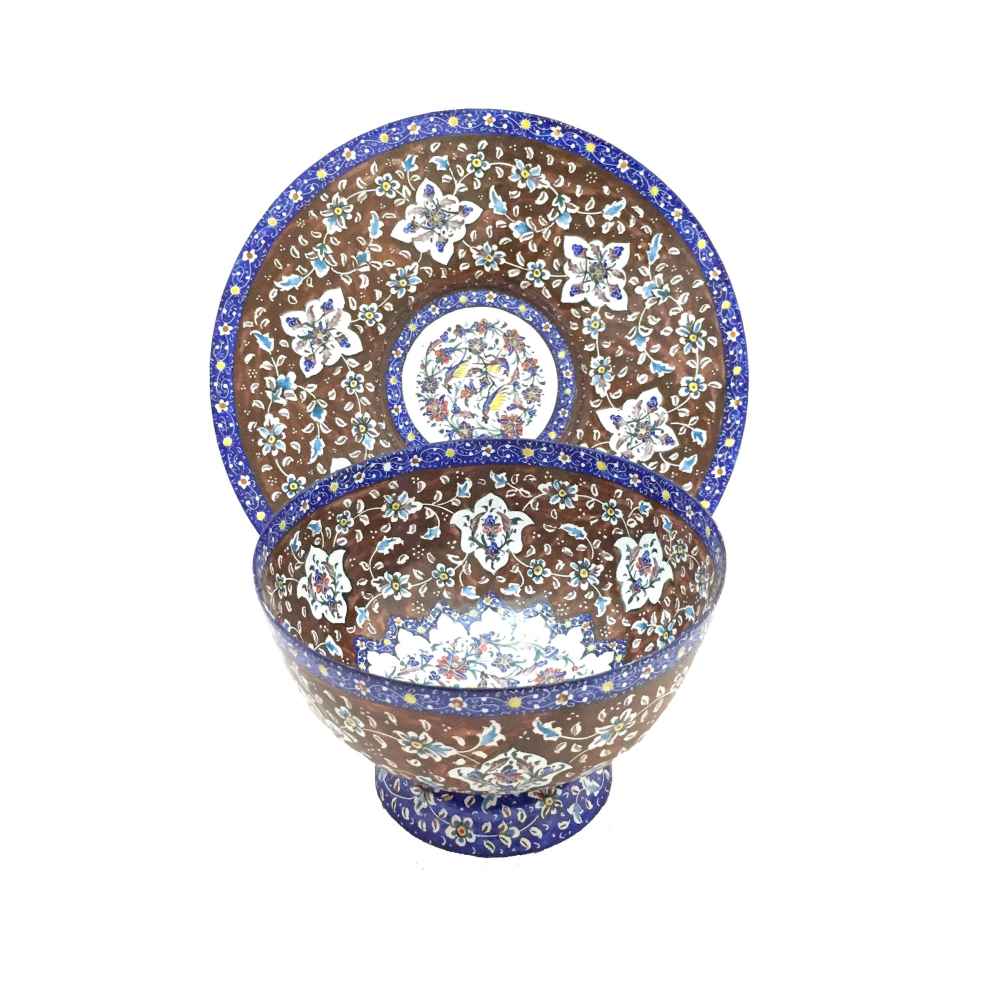 Decorative Copper Bowl & Plate Hand-Painted With Persian Minakari Enamel Reyhan