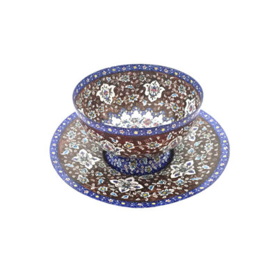 Decorative Copper Bowl & Plate Hand-Painted With Persian Minakari Enamel Reyhan