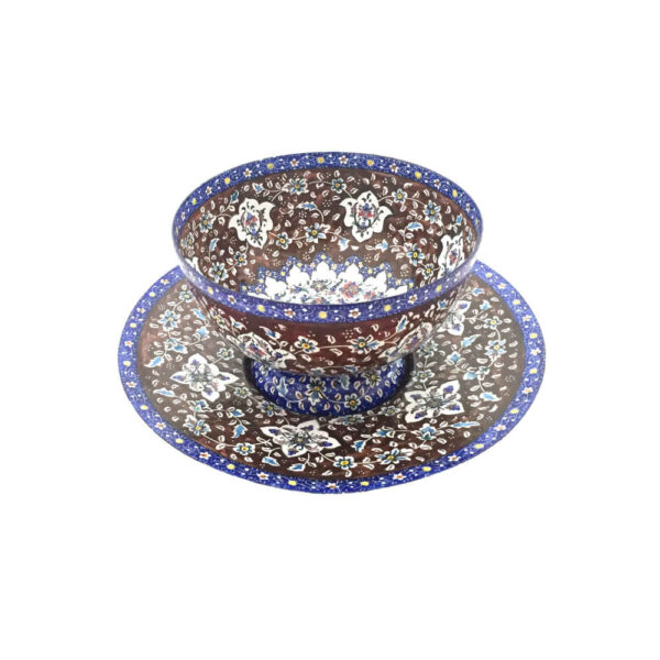 Decorative Copper Bowl & Plate Hand-Painted With Persian Minakari Enamel Reyhan