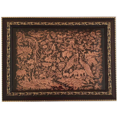 Handmade Framed Persian Engraved Copper Art Birds Zina