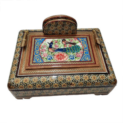 Handcrafted Persian Wooden Pen Holder for Desk – Elegance Khatamkari Art, Birds
