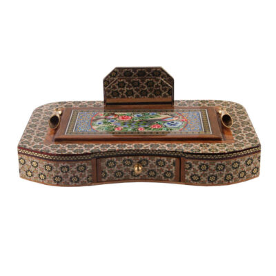 Handcrafted Persian Wooden Pen Holder for Desk – Elegance Khatamkari Art, Peafowl