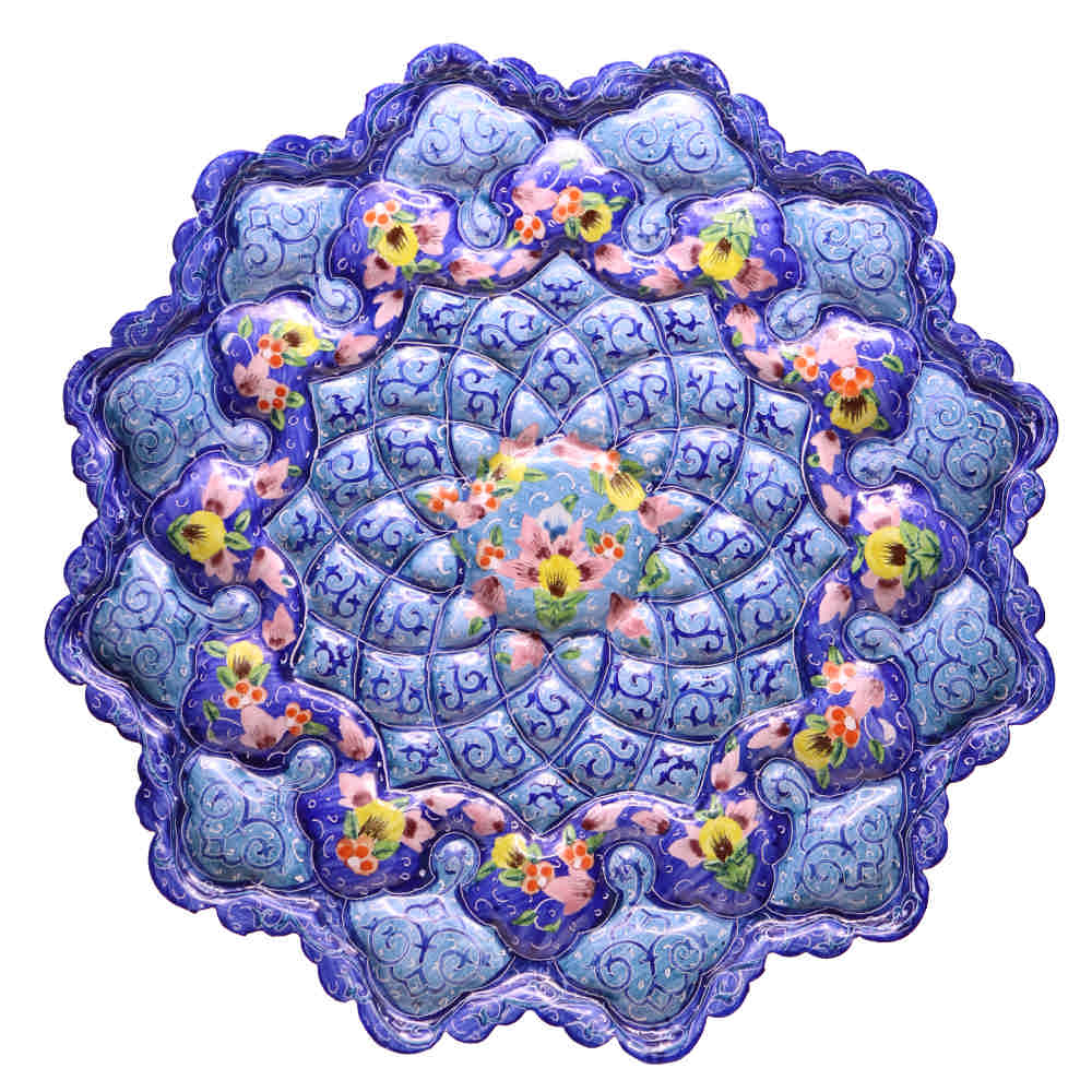 Decorative Copper Plate Hand-Painted with Persian Minakari Enamel Atash