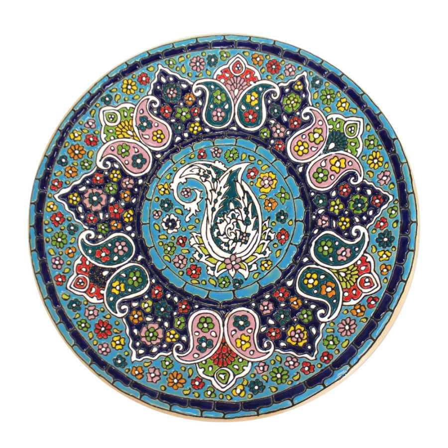 Decorative Pottery Plate Hand-Painted with Persian Minakari Enamel Paisley